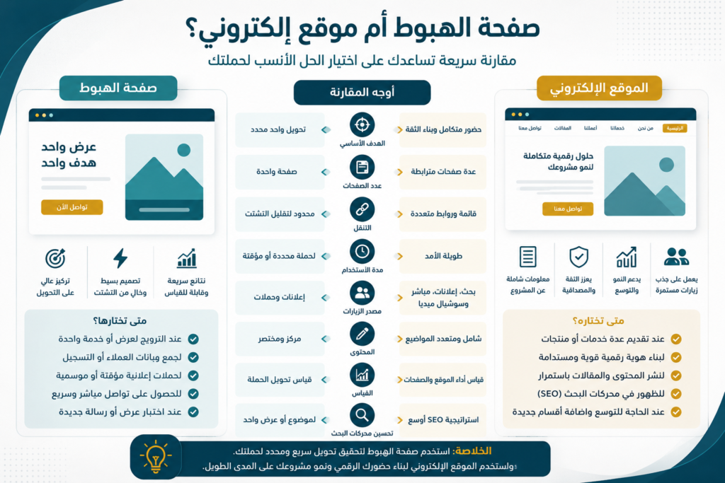 الفرق بين صفحة الهبوط والموقع الإلكتروني من حيث الهدف والاستخدام