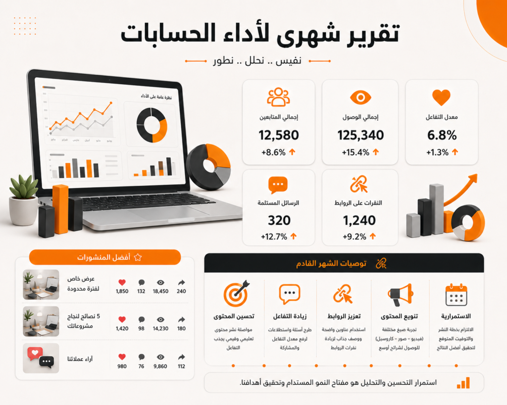 تقرير شهري لقياس نتائج خدمة إدارة السوشيال ميديا