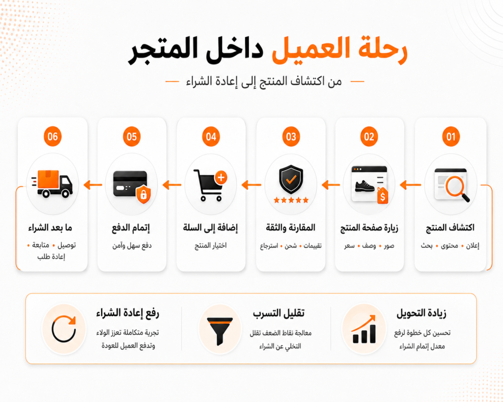 رحلة عميل المتجر الإلكتروني من اكتشاف المنتج إلى الشراء وإعادة الطلب