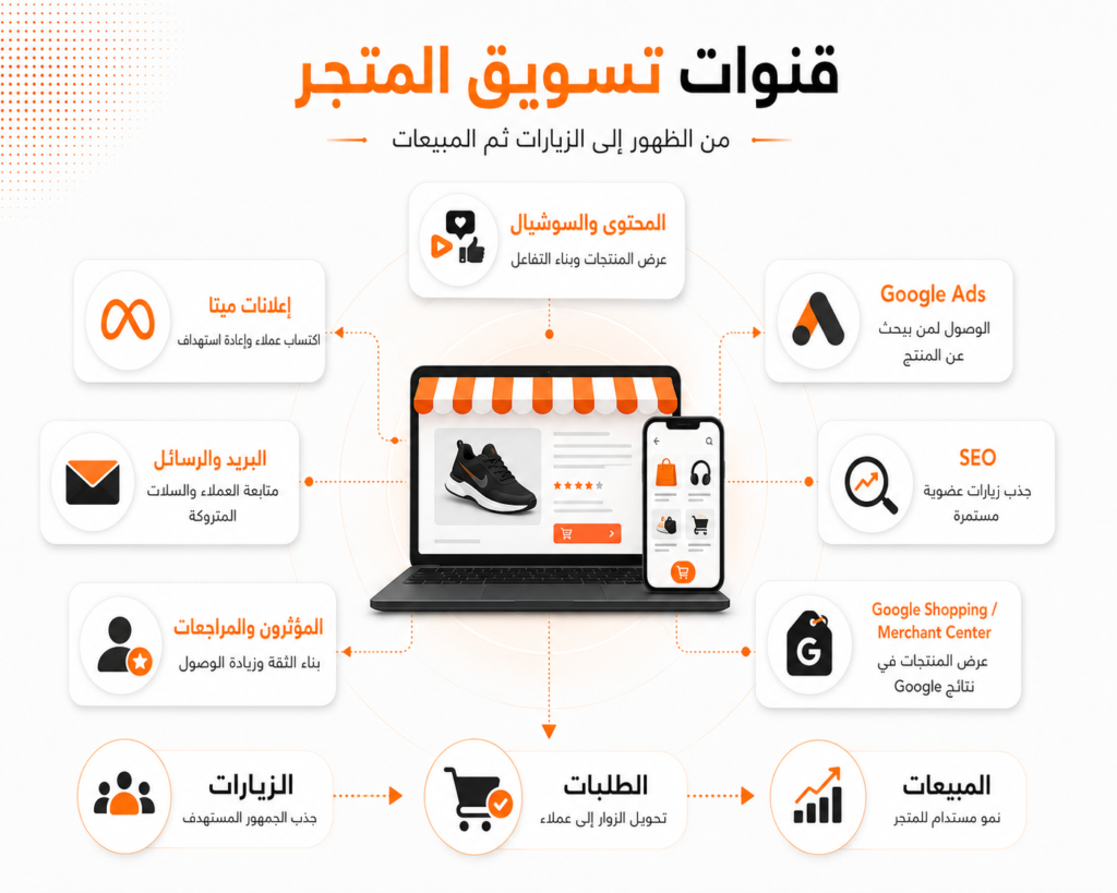 قنوات تسويق المتجر الإلكتروني عبر المحتوى وMeta وGoogle وSEO