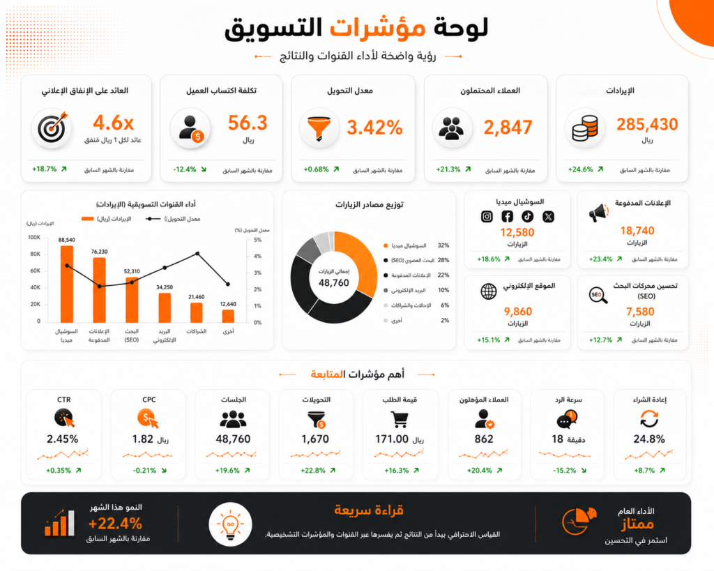 لوحة مؤشرات الأداء التسويقي للإعلانات والموقع والمبيعات