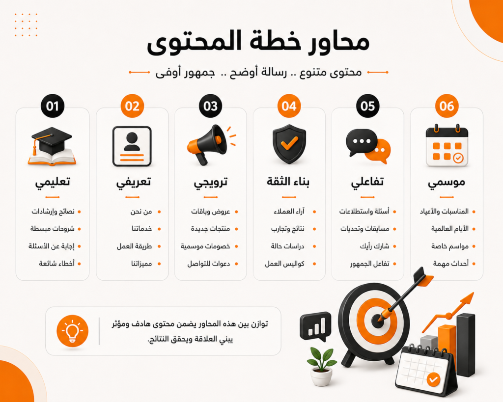 محاور خطة محتوى شهرية تشمل المحتوى التعليمي والبيعي والتفاعلي